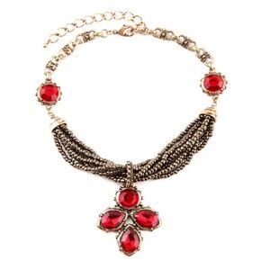 Goldtone Multi Strand Red Crystal Necklace